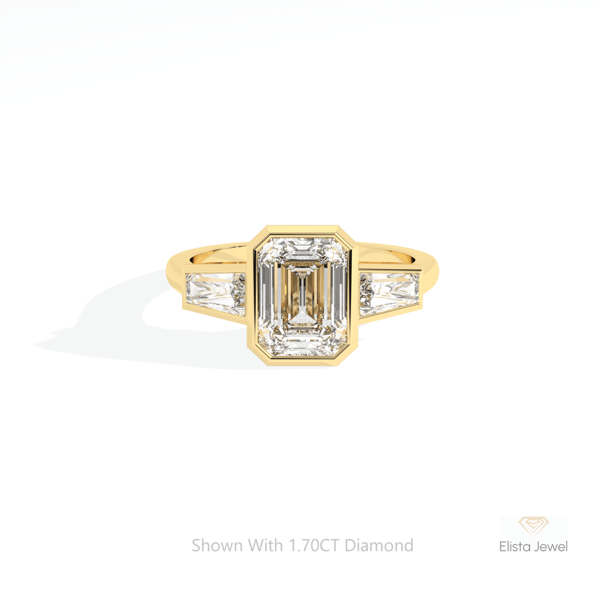 Emerald Cut Bezel Three Stone Lab Grown Diamond Ring in 18K Rose Gold - Detail View