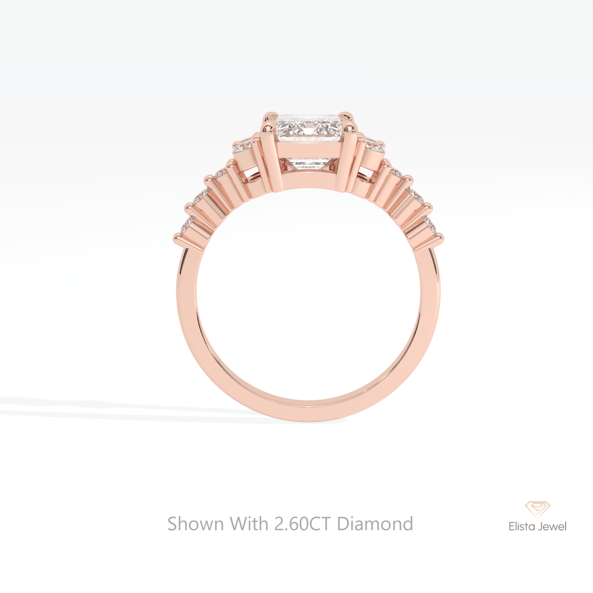 Emerald Cut Cluster Engagement Lab Grown Diamond Ring in 10K Rose Gold - Angled View