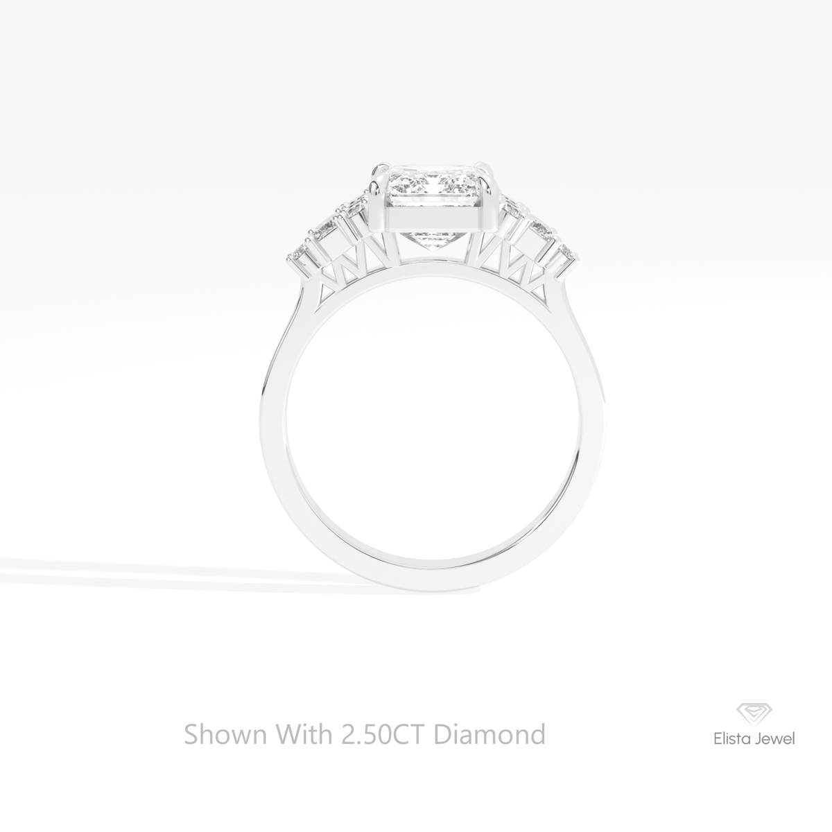 Emerald Cut Cluster Wedding Lab Grown Diamond Ring in 18K White Gold - Close-up View