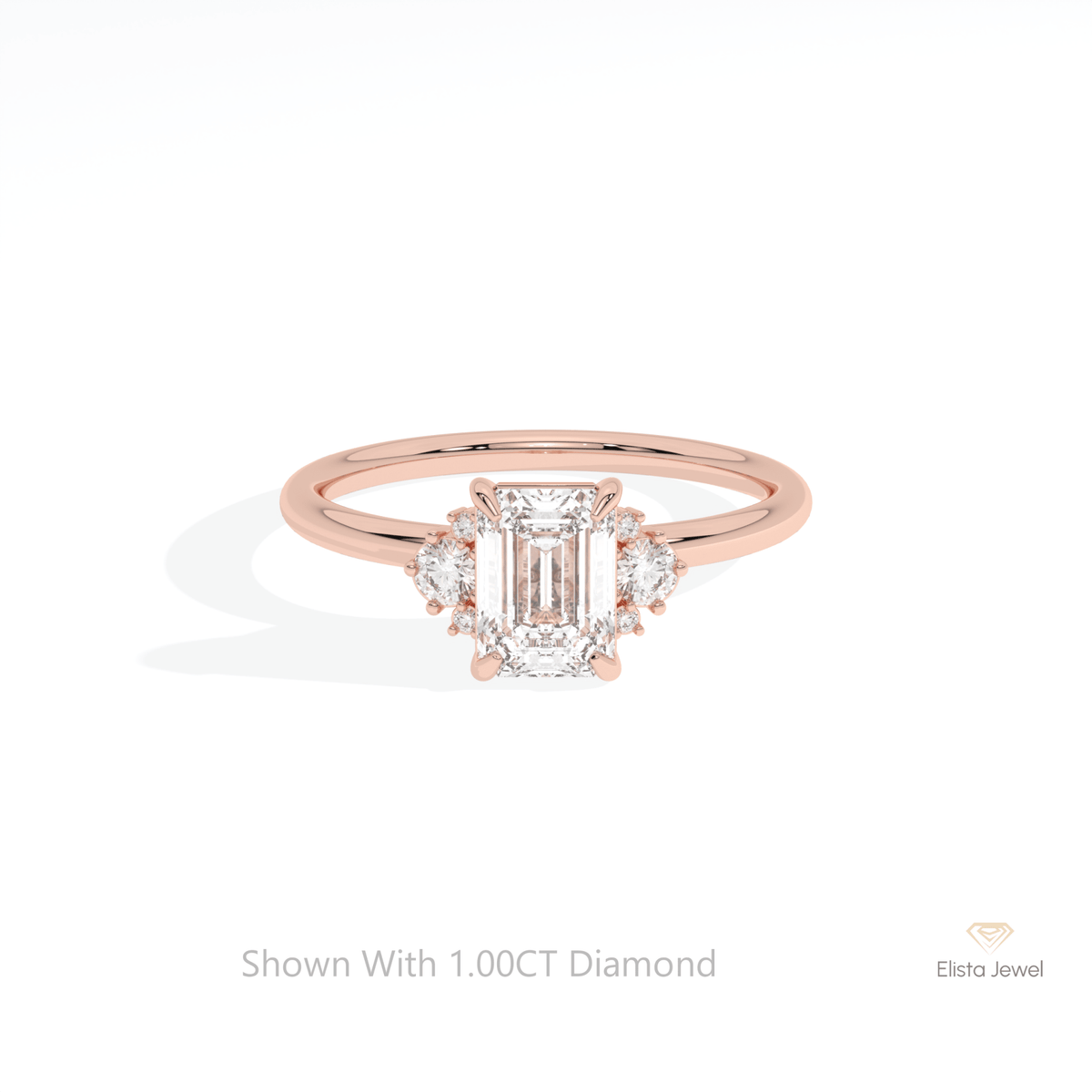 Emerald Cut Cluster Wedding Lab Grown Diamond Ring in 18K Rose Gold - Ring on Hand View