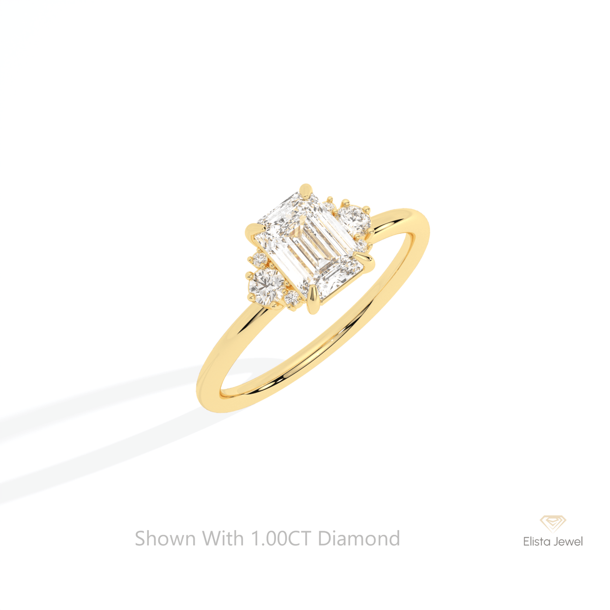 Emerald Cut Cluster Wedding Lab Grown Diamond Ring in 10K Yellow Gold - Side View