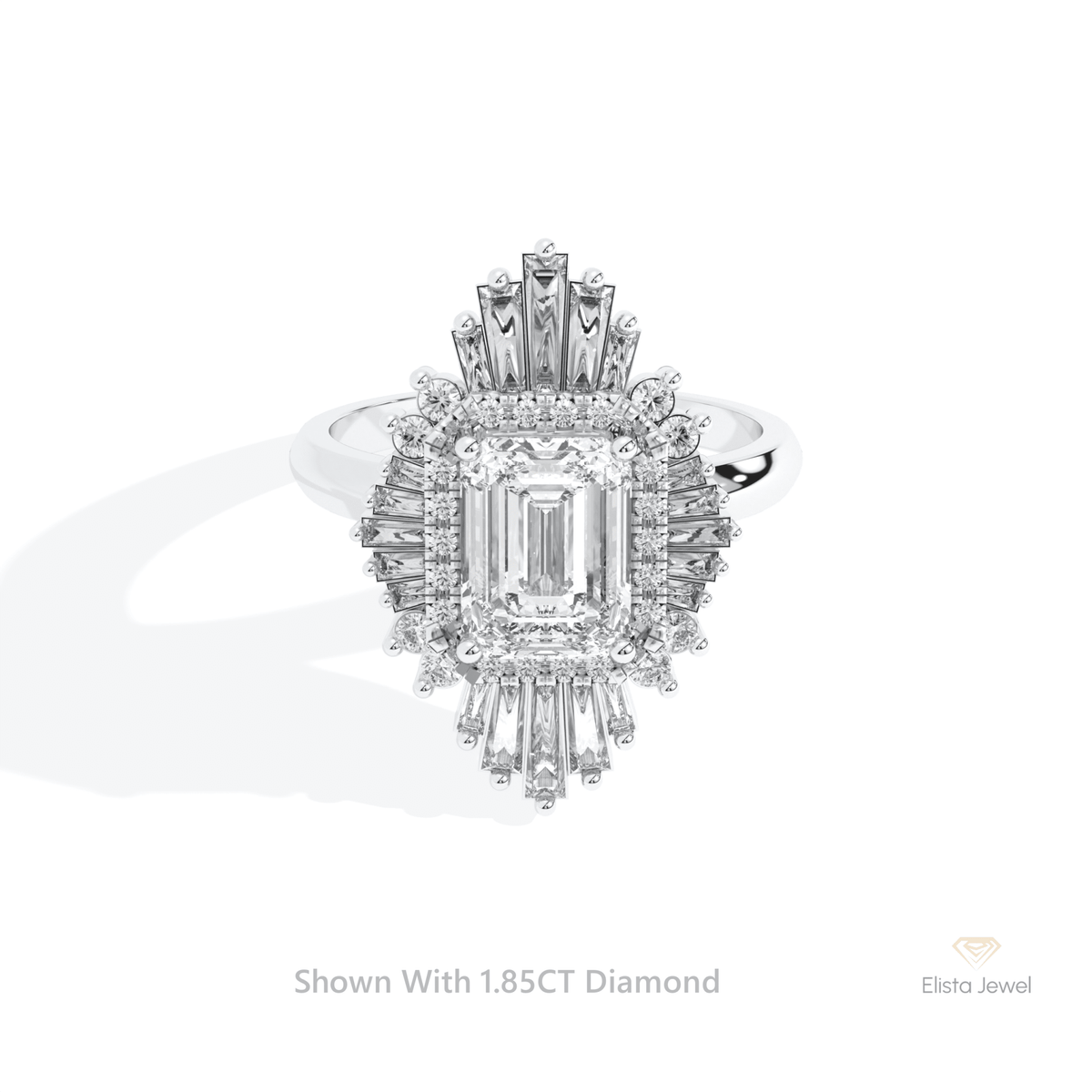 Emerald Cut Double Halo Starburst Lab Grown Diamond Ring in 14K Yellow Gold - Detail View