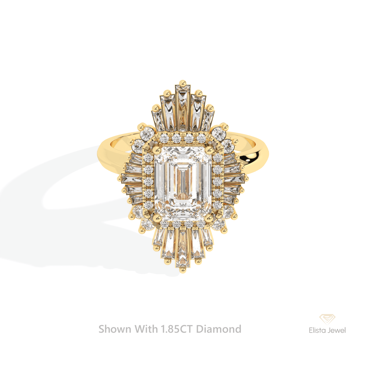 Emerald Cut Double Halo Starburst Lab Grown Diamond Ring in 18K Rose Gold - Ring on Hand View