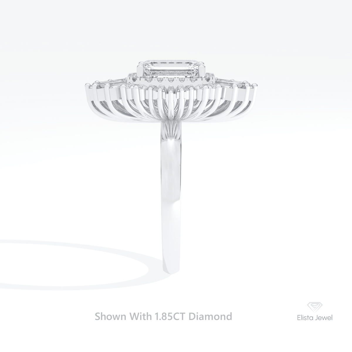 Emerald Cut Double Halo Starburst Lab Grown Diamond Ring in 18K Yellow Gold - Perspective View