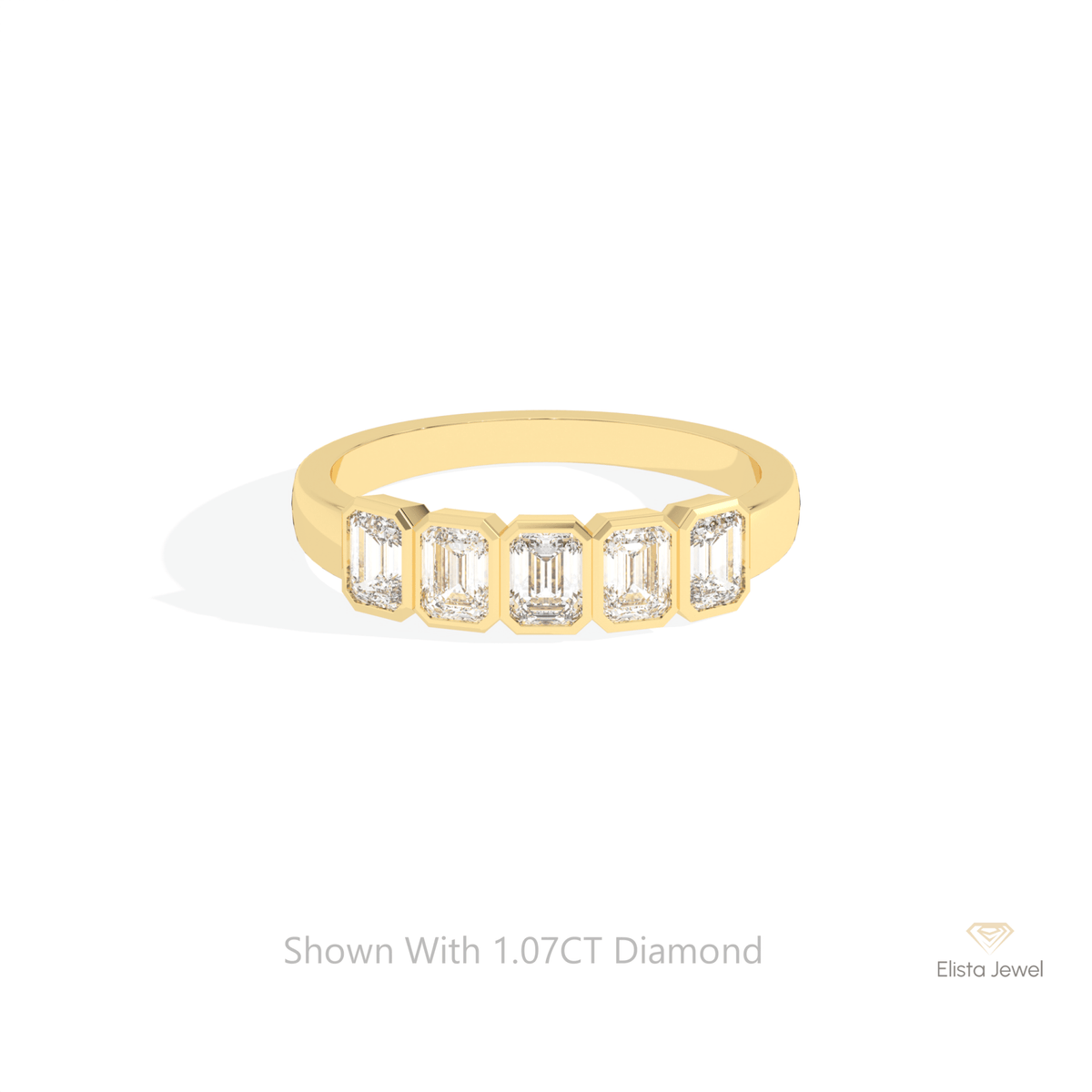 Emerald Cut Five Stone Wedding Lab Grown Diamond Ring in 18K Rose Gold - Ring on Hand View