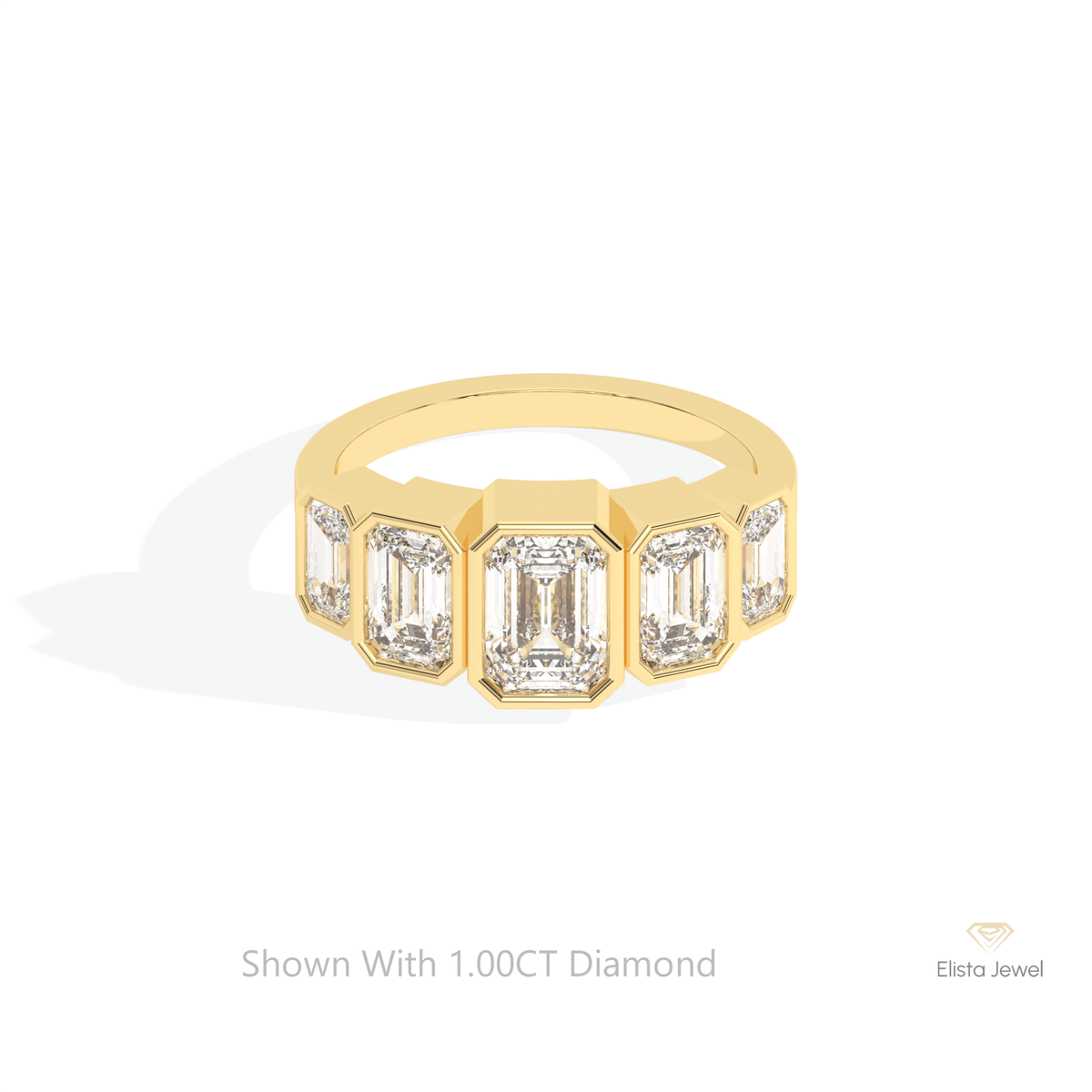 Emerald Cut Five Stone Wedding Lab Grown Diamond Ring in 14K Yellow Gold - Detail View