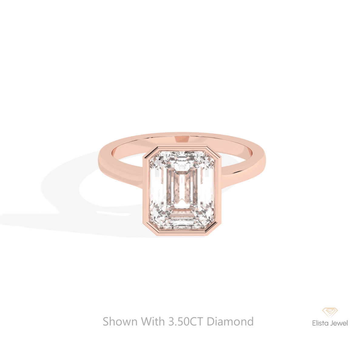 Emerald Cut Full Bezel Solitaire Lab Grown Diamond Ring in 18K Rose Gold - Ring on Hand View
