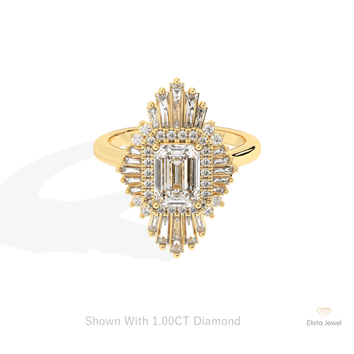 Emerald Cut Halo Art Deco Lab Grown Diamond Ring in 18K Rose Gold - Ring on Hand View