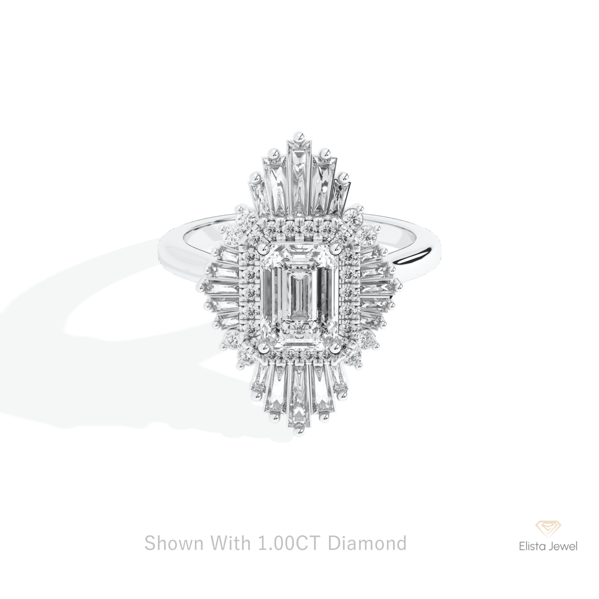 Emerald Cut Halo Art Deco Lab Grown Diamond Ring in 14K Yellow Gold - Detail View