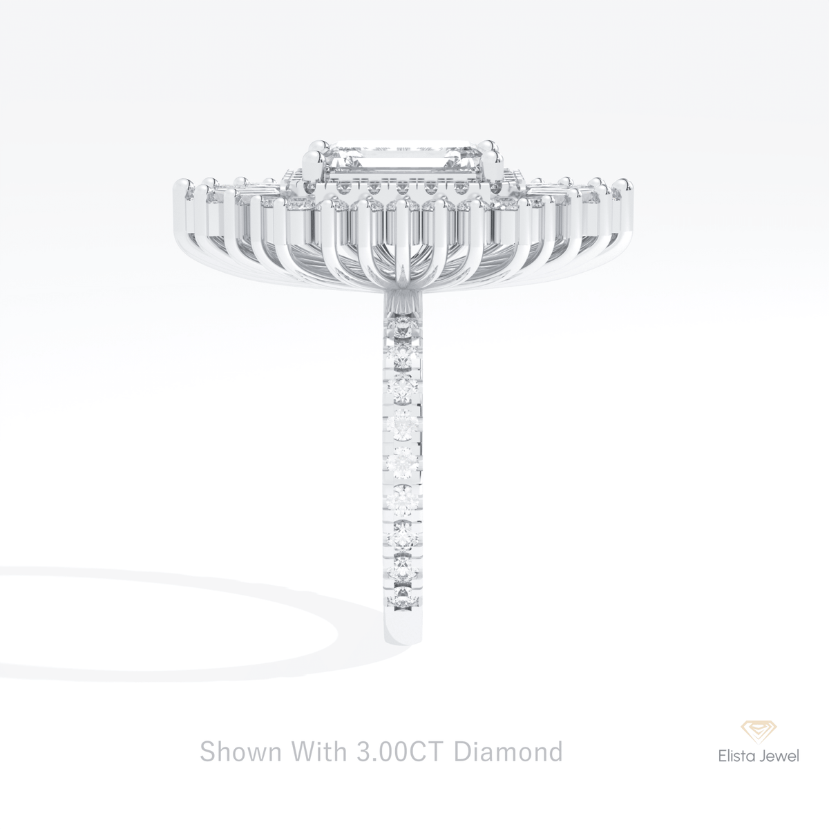 Emerald Cut Halo Starburst Lab Grown Diamond Ring in 14K White Gold - Top View