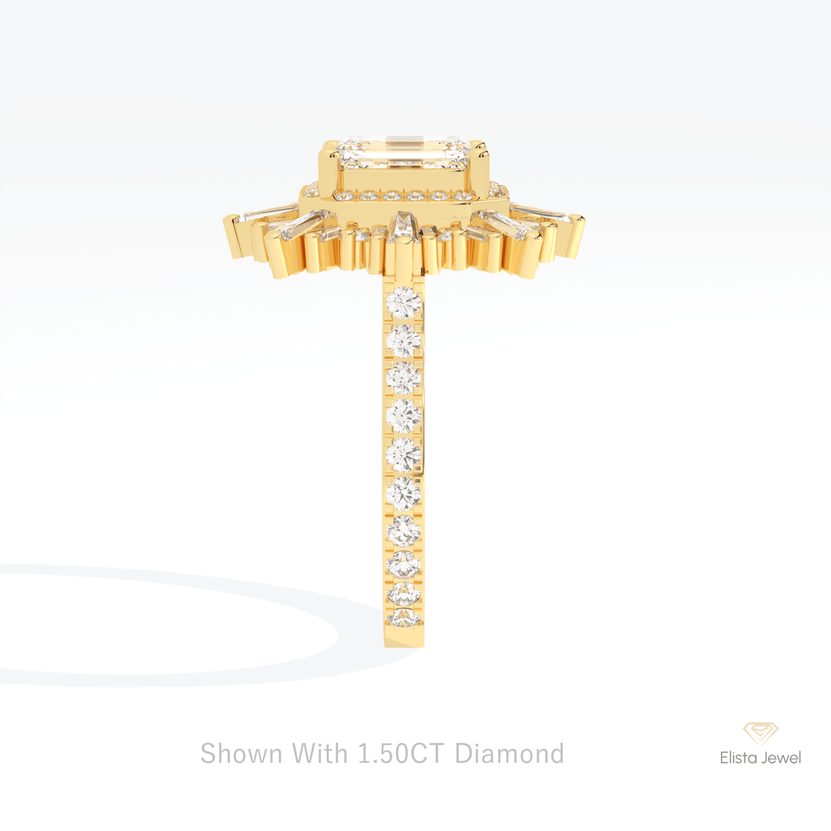 Emerald Cut Halo Starburst Lab Grown Diamond Ring in 18K Yellow Gold - Perspective View