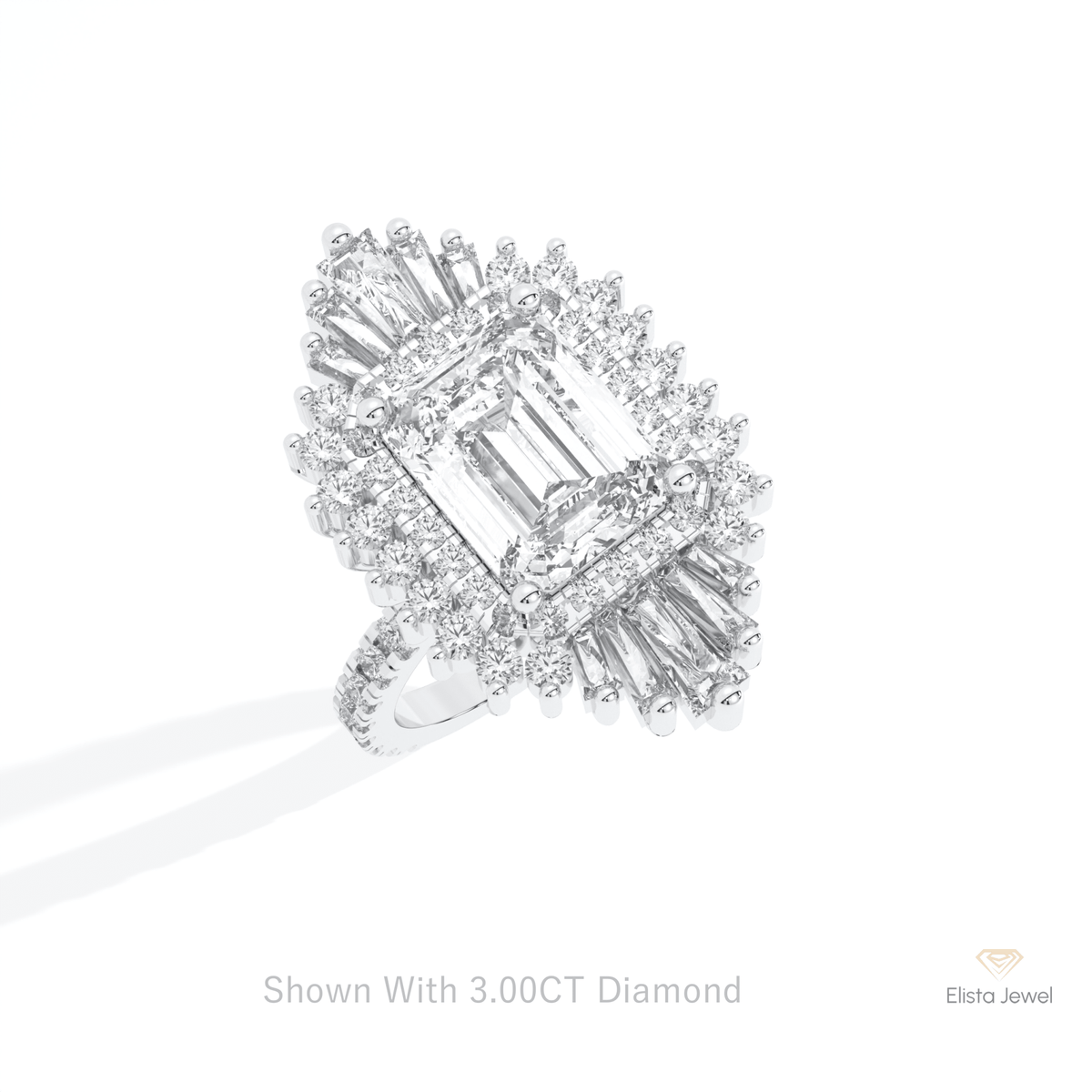 Emerald Cut Halo Starburst Lab Grown Diamond Ring in 10K Yellow Gold - Side View