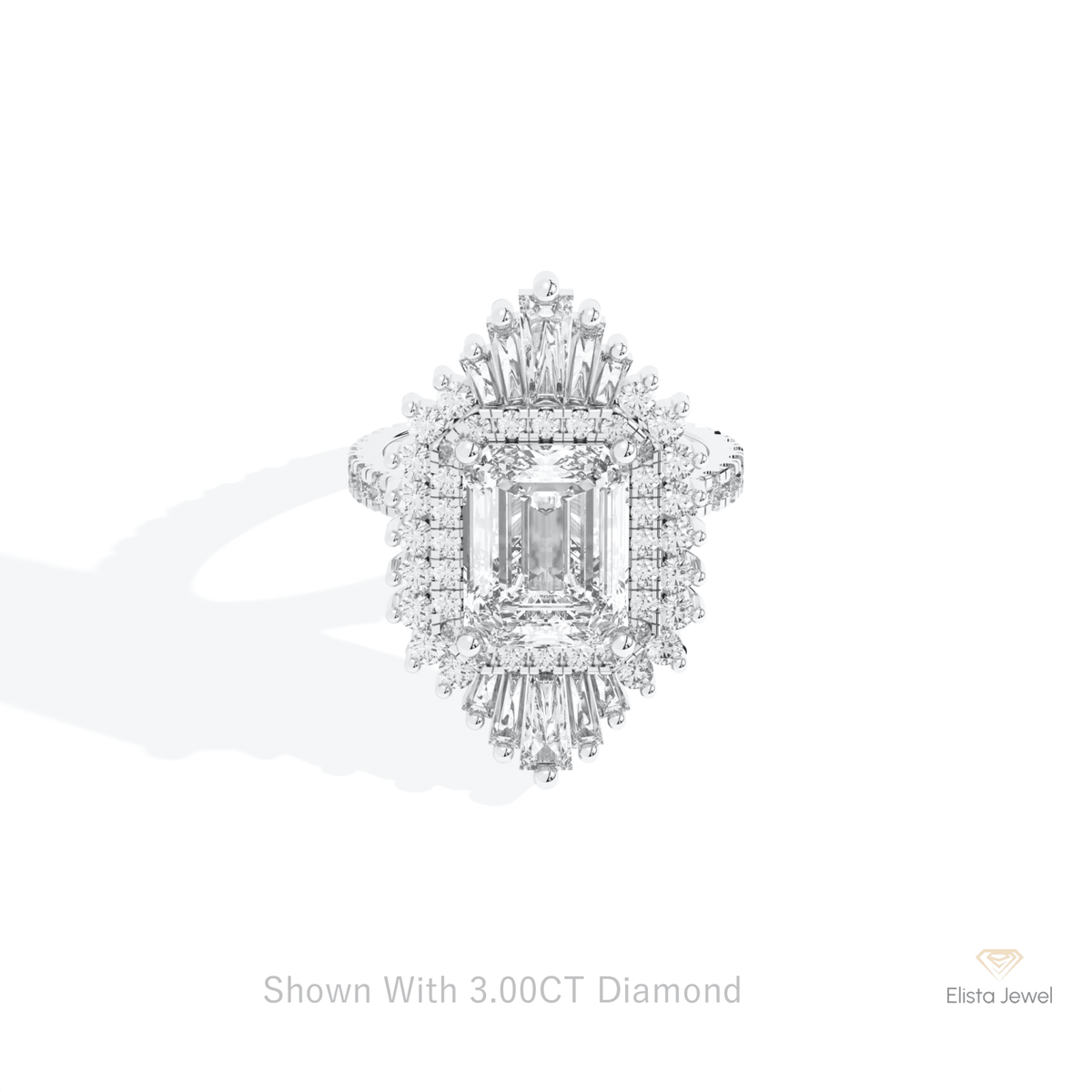 Emerald Cut Halo Starburst Lab Grown Diamond Ring in 10K White Gold - Front View
