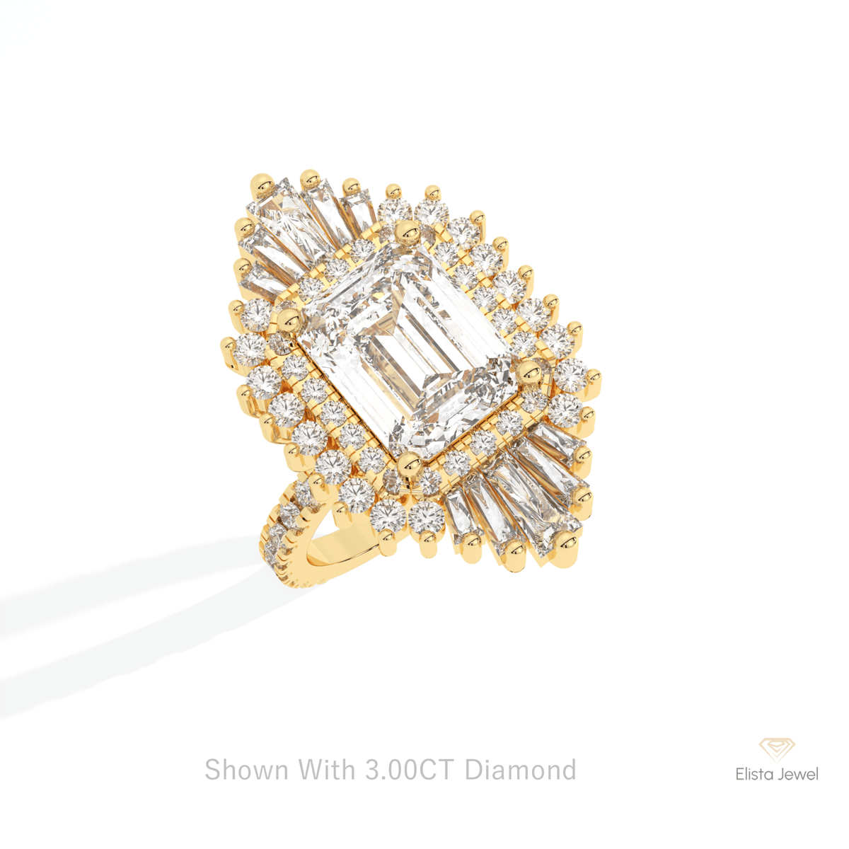 Emerald Cut Halo Starburst Lab Grown Diamond Ring in 14K Rose Gold - Profile View