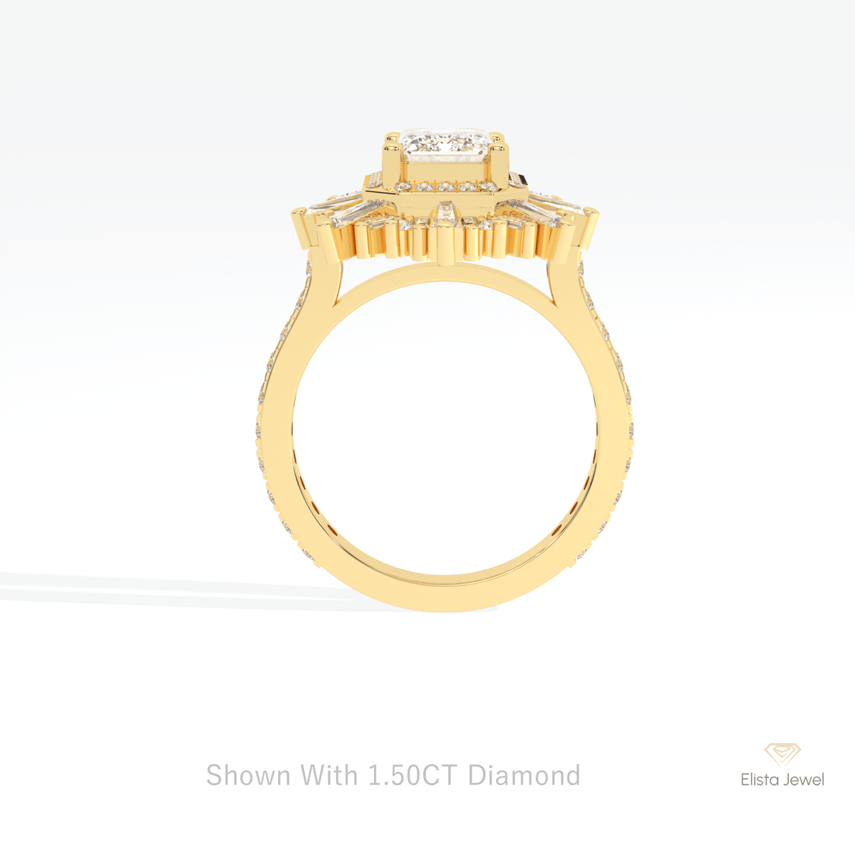 Emerald Cut Halo Starburst Lab Grown Diamond Ring in 18K White Gold - Close-up View