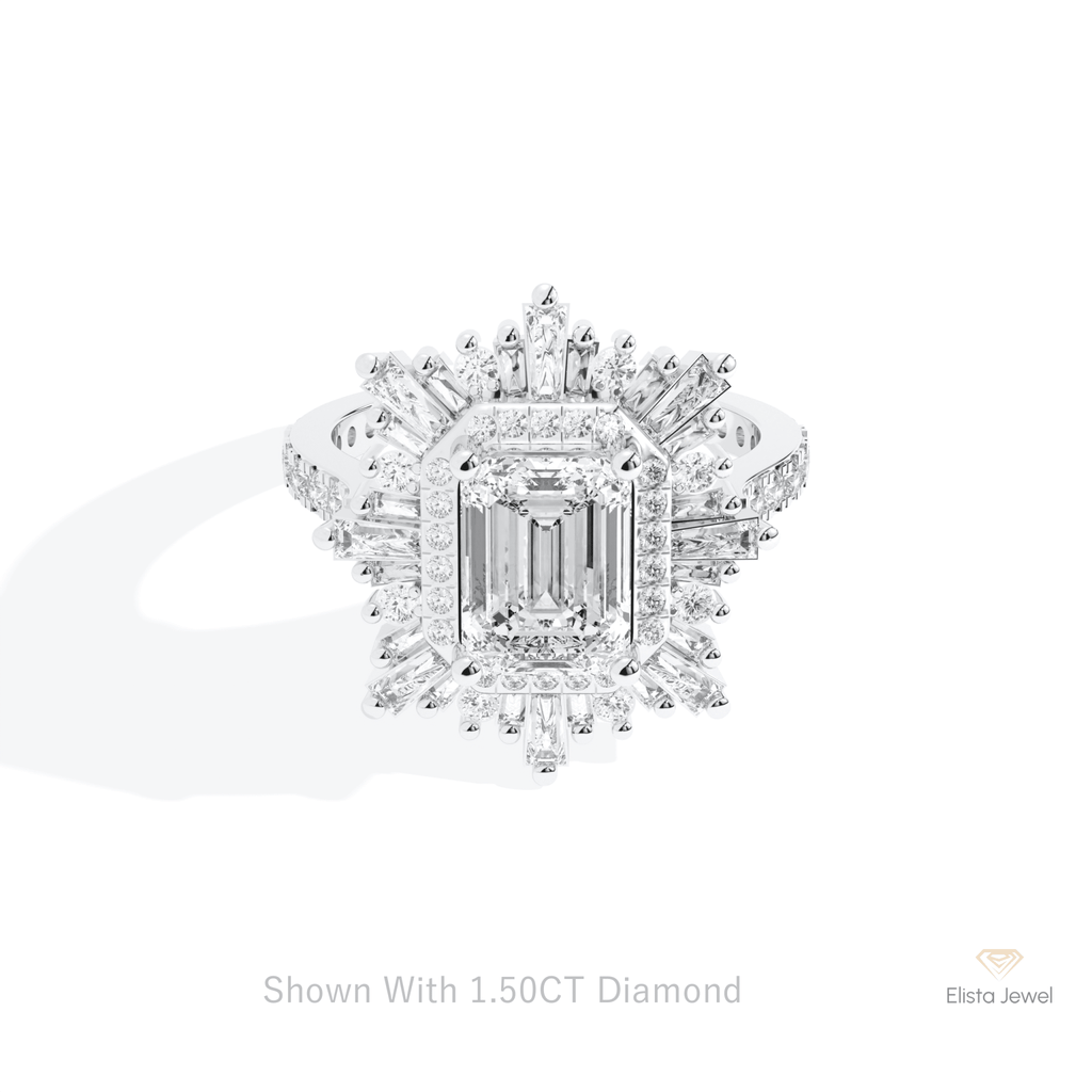 Emerald Cut Halo Starburst Lab Grown Diamond Ring in 10K White Gold - Front View