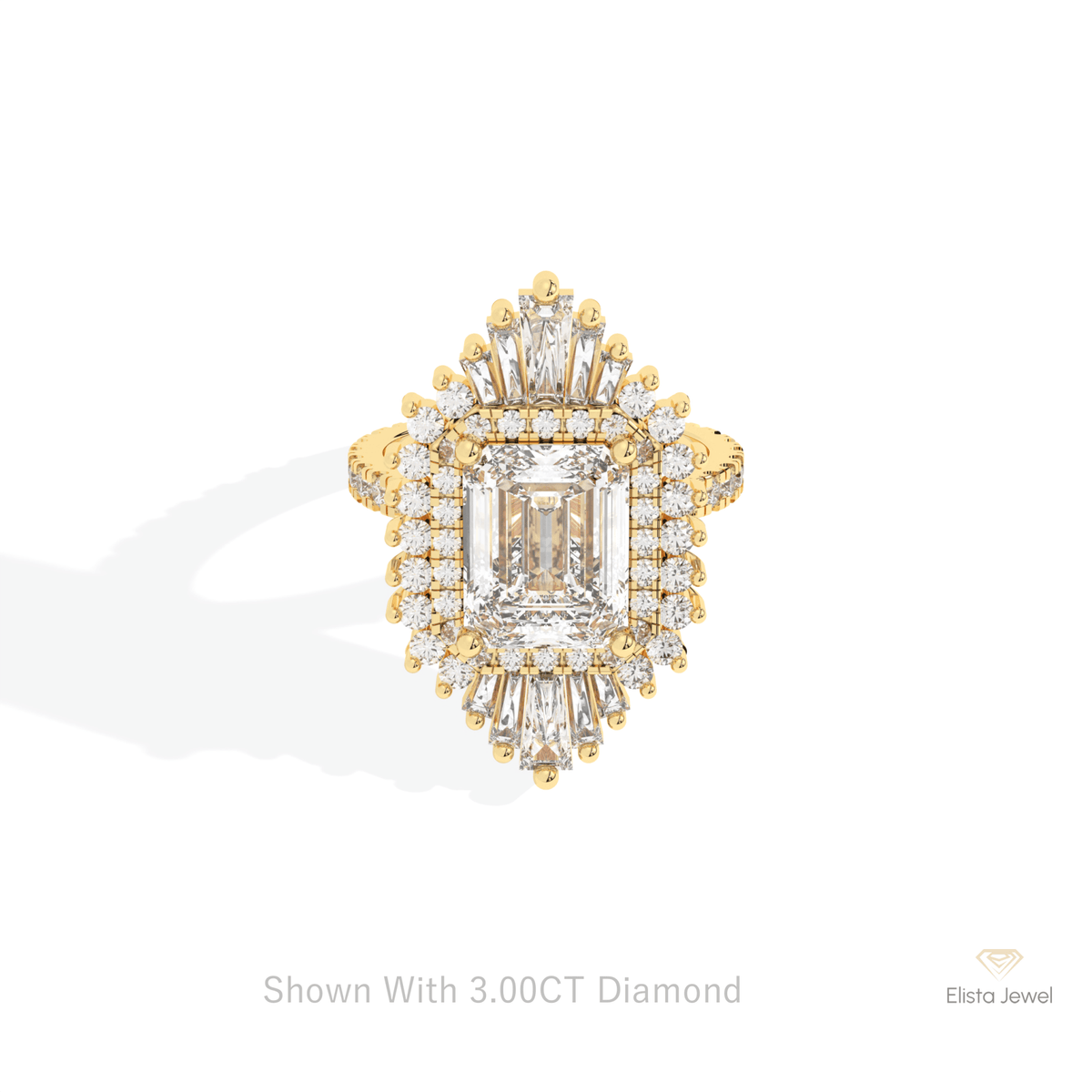 Emerald Cut Halo Starburst Lab Grown Diamond Ring in 14K Yellow Gold - Detail View