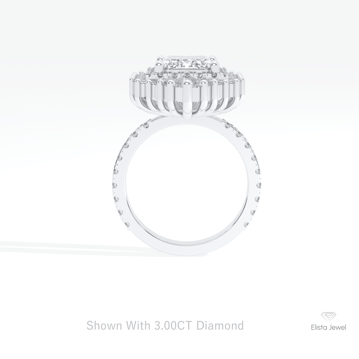 Emerald Cut Halo Starburst Lab Grown Diamond Ring in 10K Rose Gold - Angled View