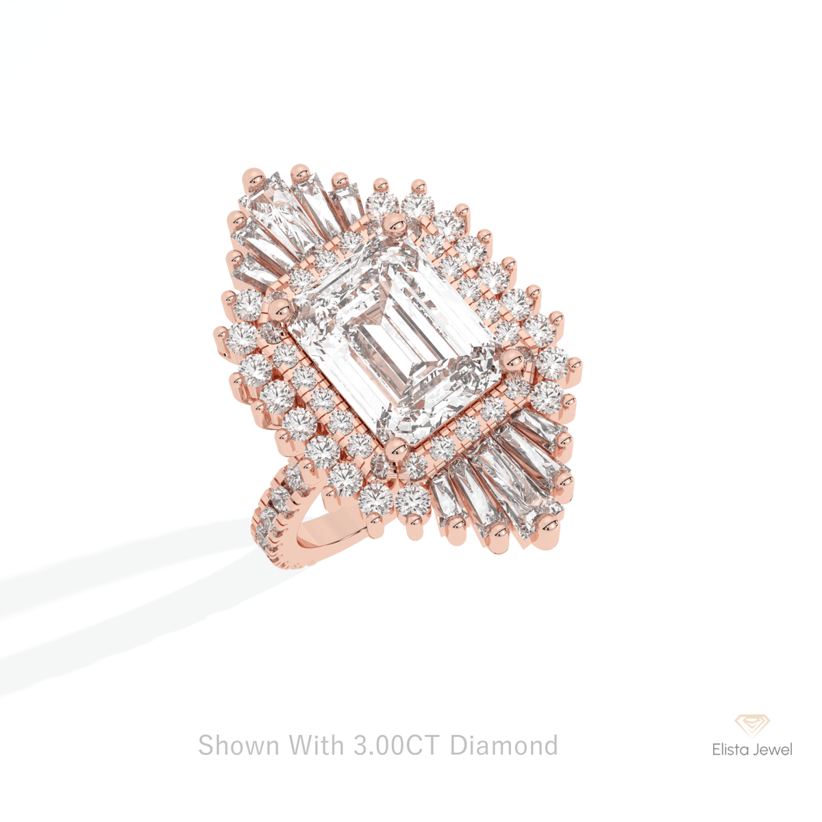 Emerald Cut Halo Starburst Lab Grown Diamond Ring in Platinum - Lifestyle View