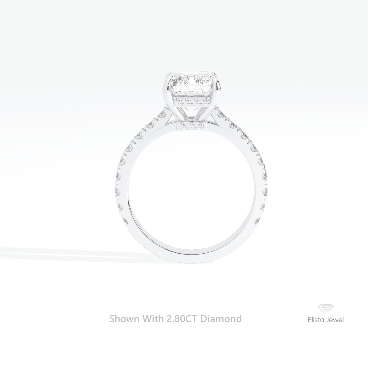 Emerald Cut Hidden Halo Engagement Lab Grown Diamond Ring in 18K White Gold - Close-up View