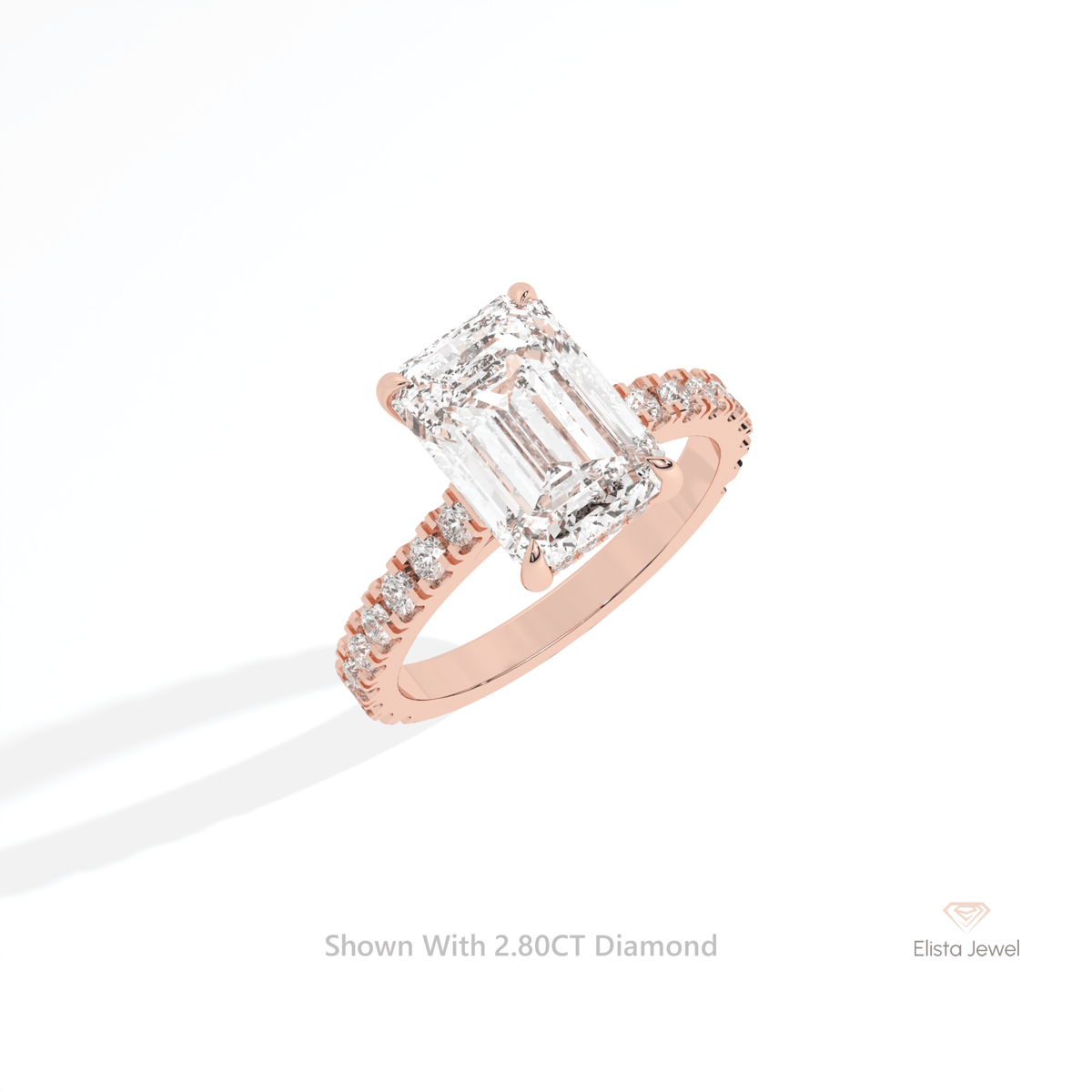 Emerald Cut Hidden Halo Engagement Lab Grown Diamond Ring in 10K Rose Gold - Angled View