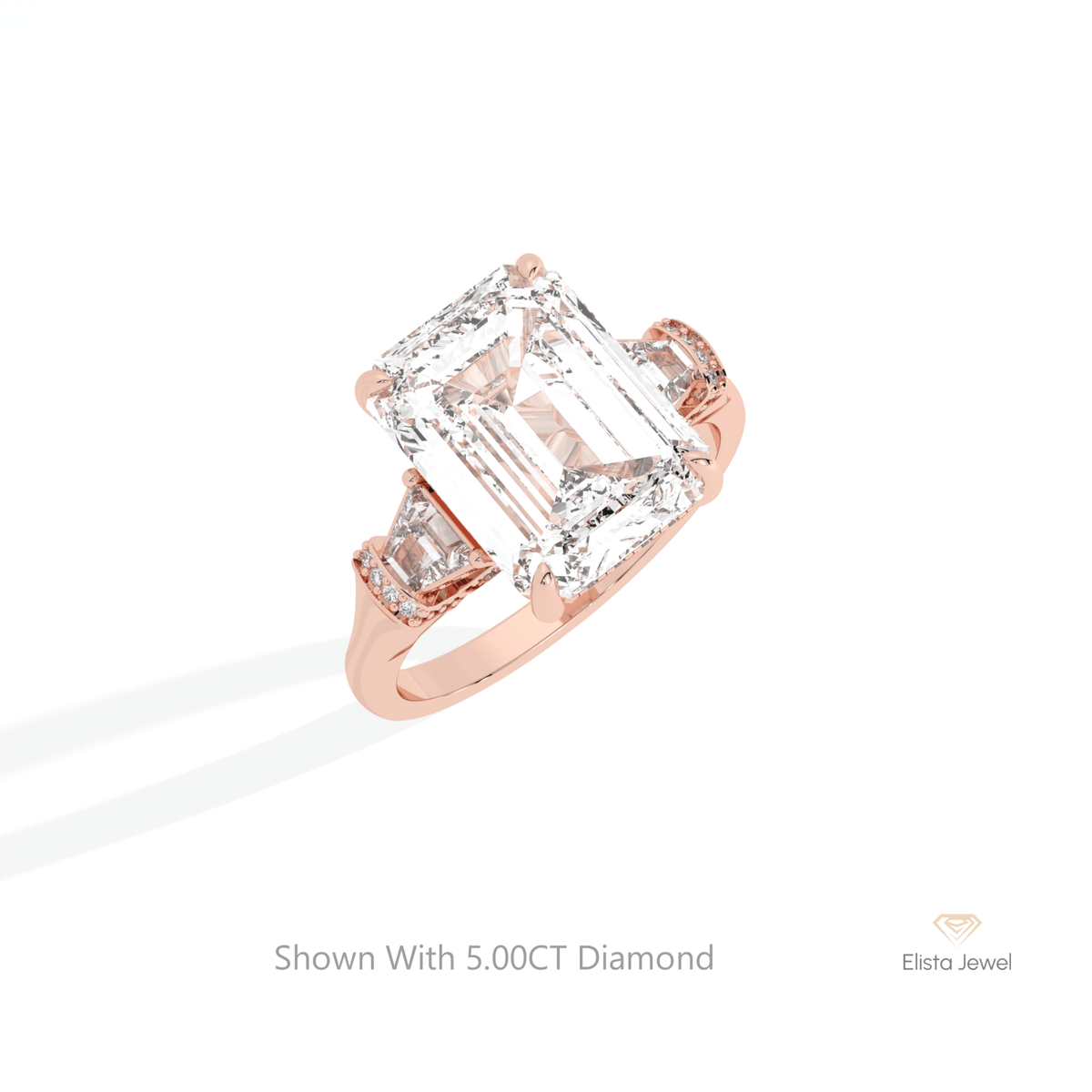 Emerald Cut Hidden Halo Three Stone Lab Grown Diamond Ring in 10K Yellow Gold - Side View