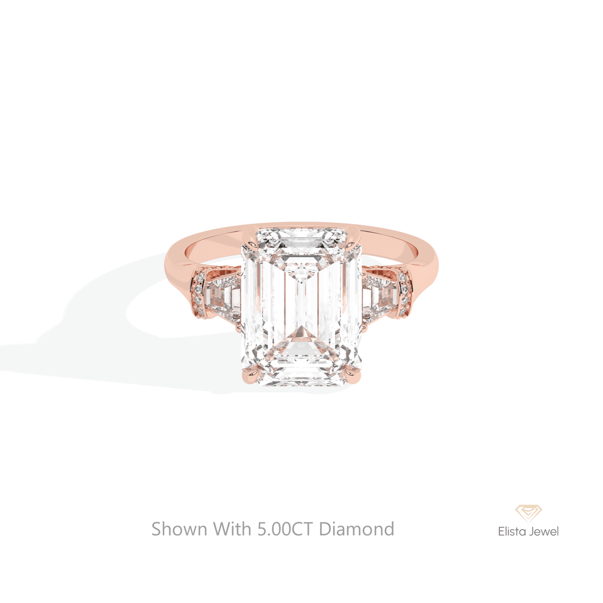 Emerald Cut Hidden Halo Three Stone Lab Grown Diamond Ring in 10K White Gold - Front View
