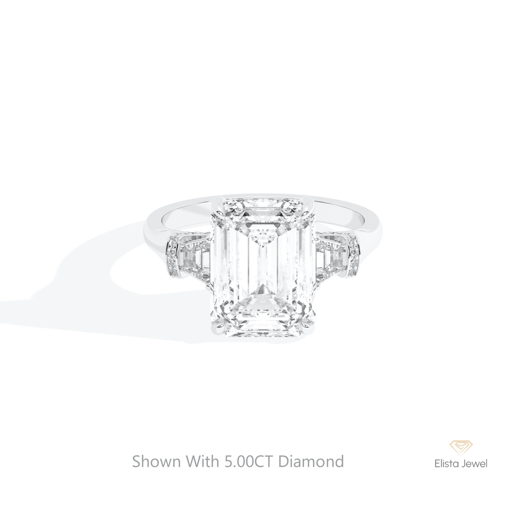 Emerald Cut Hidden Halo Three Stone Lab Grown Diamond Ring in 14K Yellow Gold - Detail View