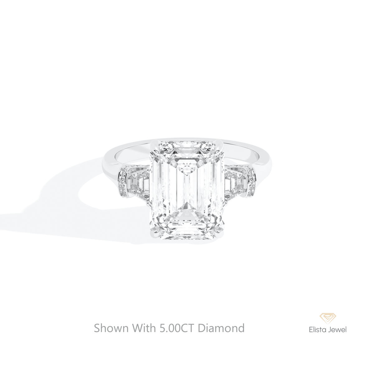 Emerald Cut Hidden Halo Three Stone Lab Grown Diamond Ring in 14K Yellow Gold - Detail View