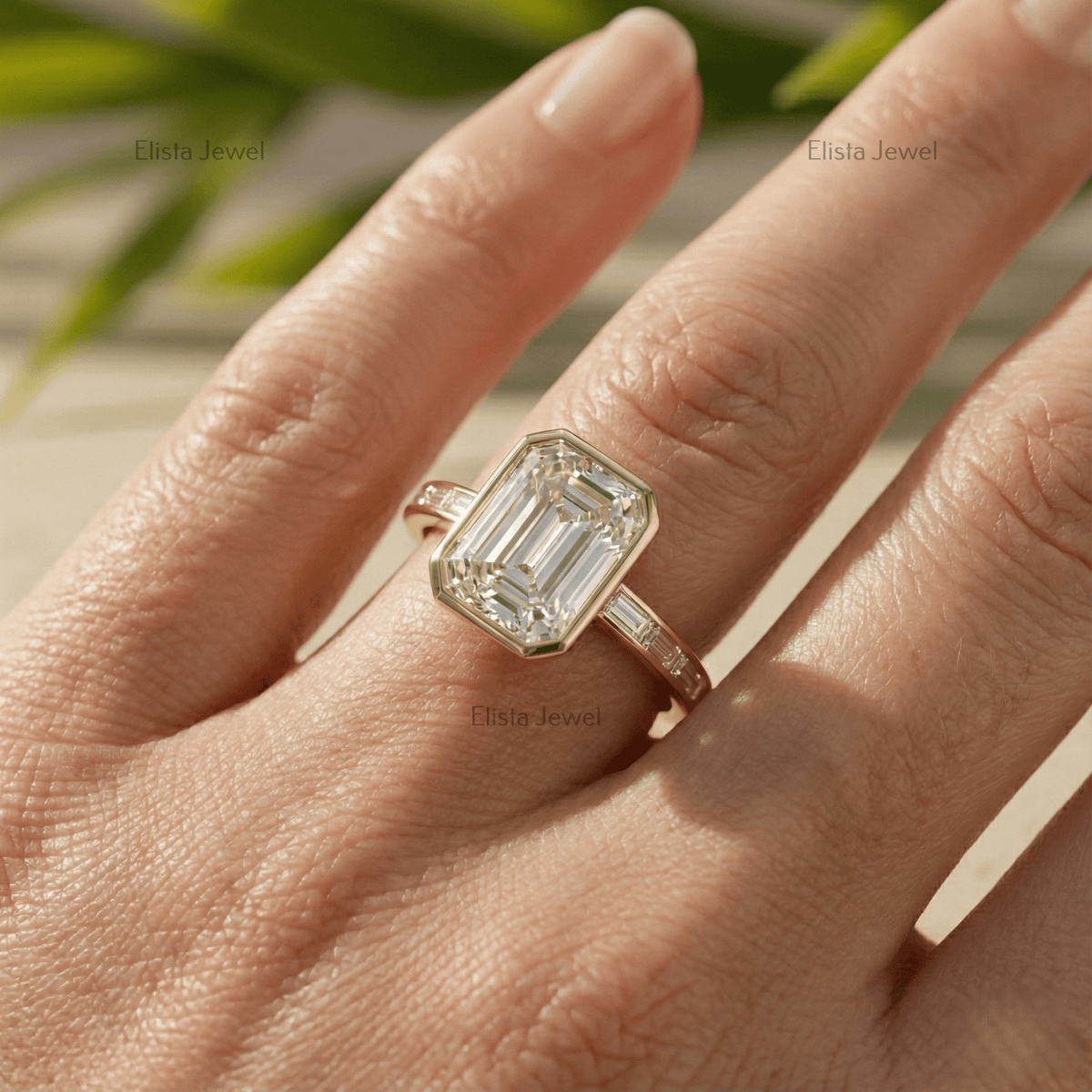 Unique Full Bezel Set Emerald Cut Lab Grown Diamond Euro Shank 14K Solid Gold Wedding / Engagement Ring For Women: On Hand View