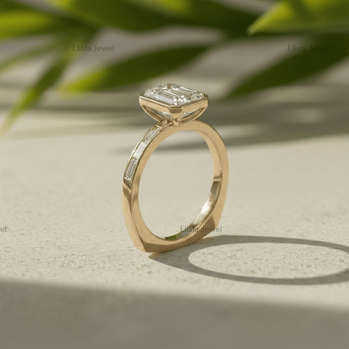 Unique Full Bezel Set Emerald Cut Lab Grown Diamond Euro Shank 14K Solid Gold Wedding / Engagement Ring For Women : Side View