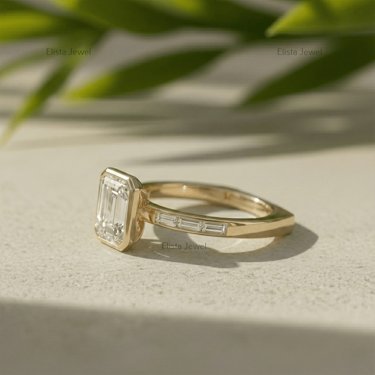 Unique Full Bezel Set Emerald Cut Lab Grown Diamond Euro Shank 14K Solid Gold Wedding Engagement Ring For Women Left Side View