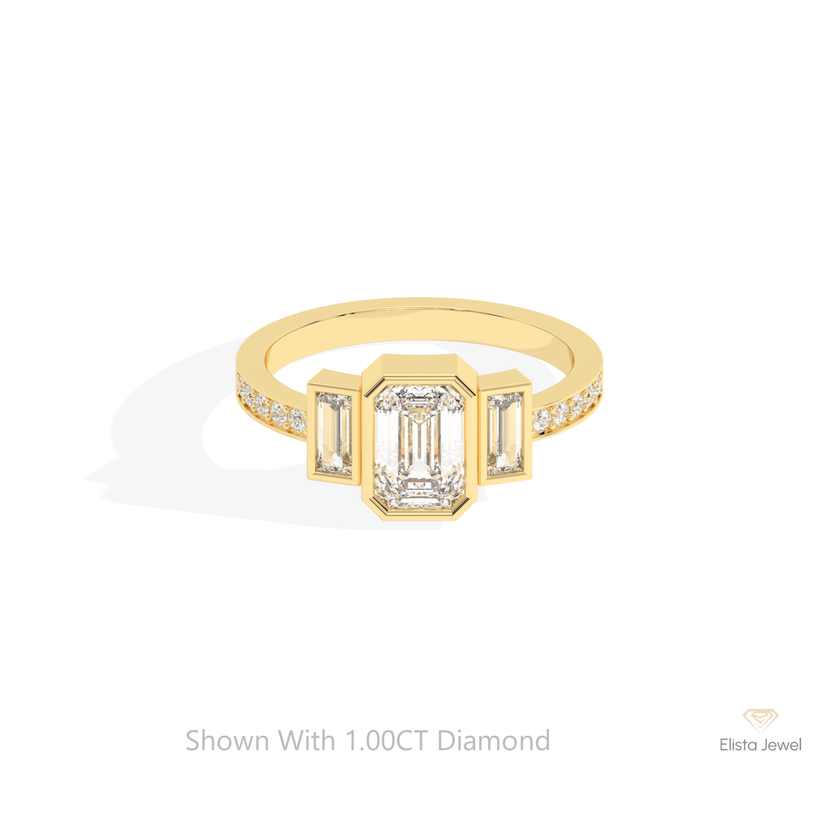 Emerald Cut Three Stone Engagement Lab Grown Diamond Ring in 10K White Gold - Front View