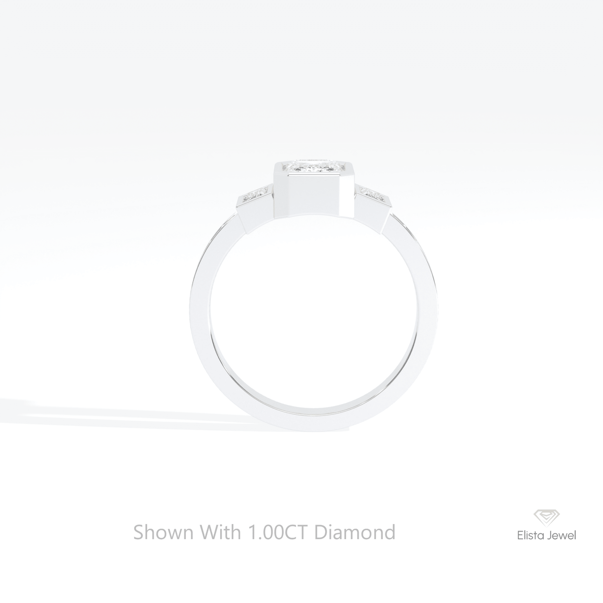 Emerald Cut Three Stone Engagement Lab Grown Diamond Ring in 18K White Gold - Close-up View