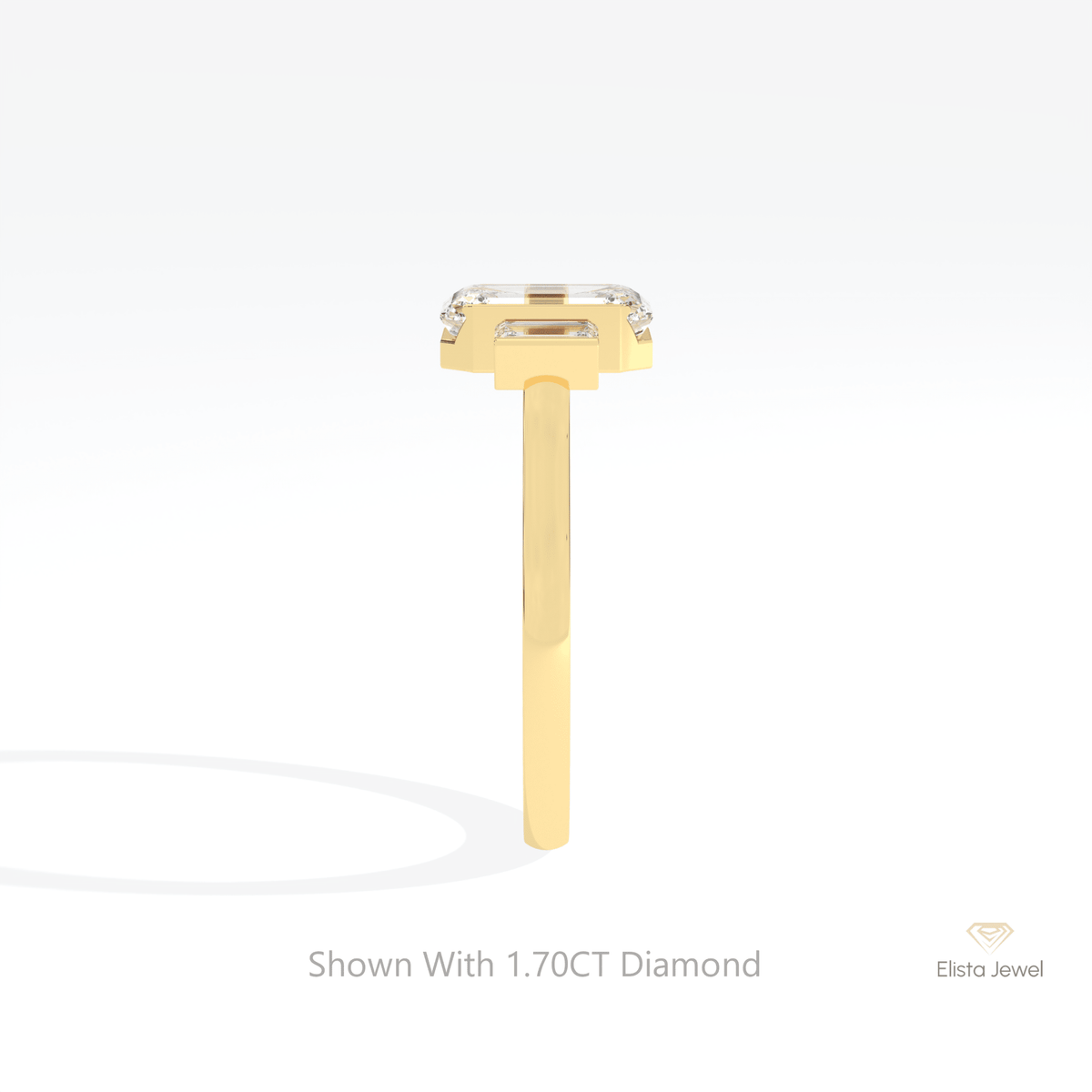 Emerald Cut Three Stone Engagement Lab Grown Diamond Ring in 18K Yellow Gold - Perspective View