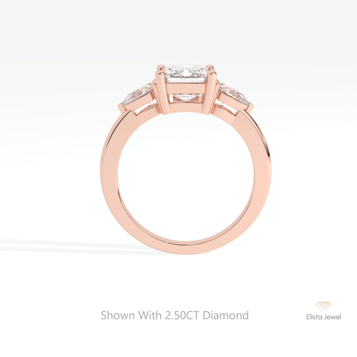 Emerald Cut Three Stone Engagement Lab Grown Diamond Ring in 10K Rose Gold - Angled View