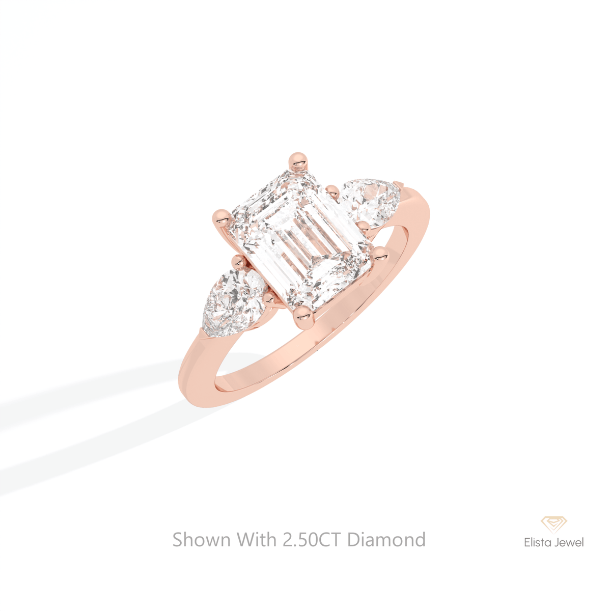 Emerald Cut Three Stone Engagement Lab Grown Diamond Ring in 10K Yellow Gold - Side View