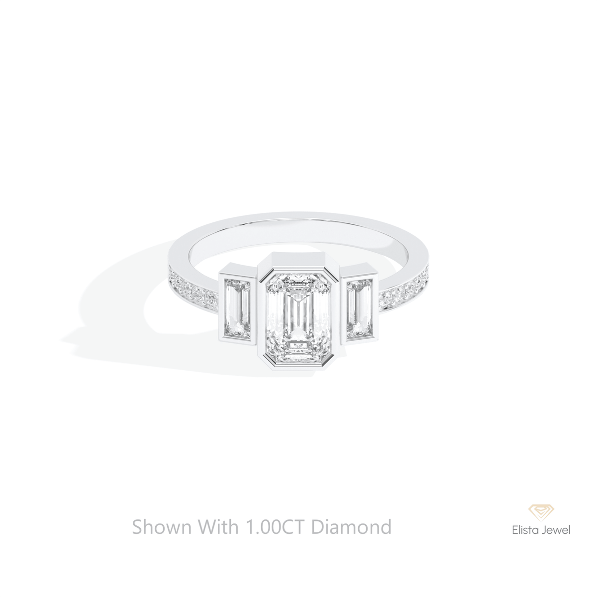 Emerald Cut Three Stone Engagement Lab Grown Diamond Ring in 14K Yellow Gold - Detail View
