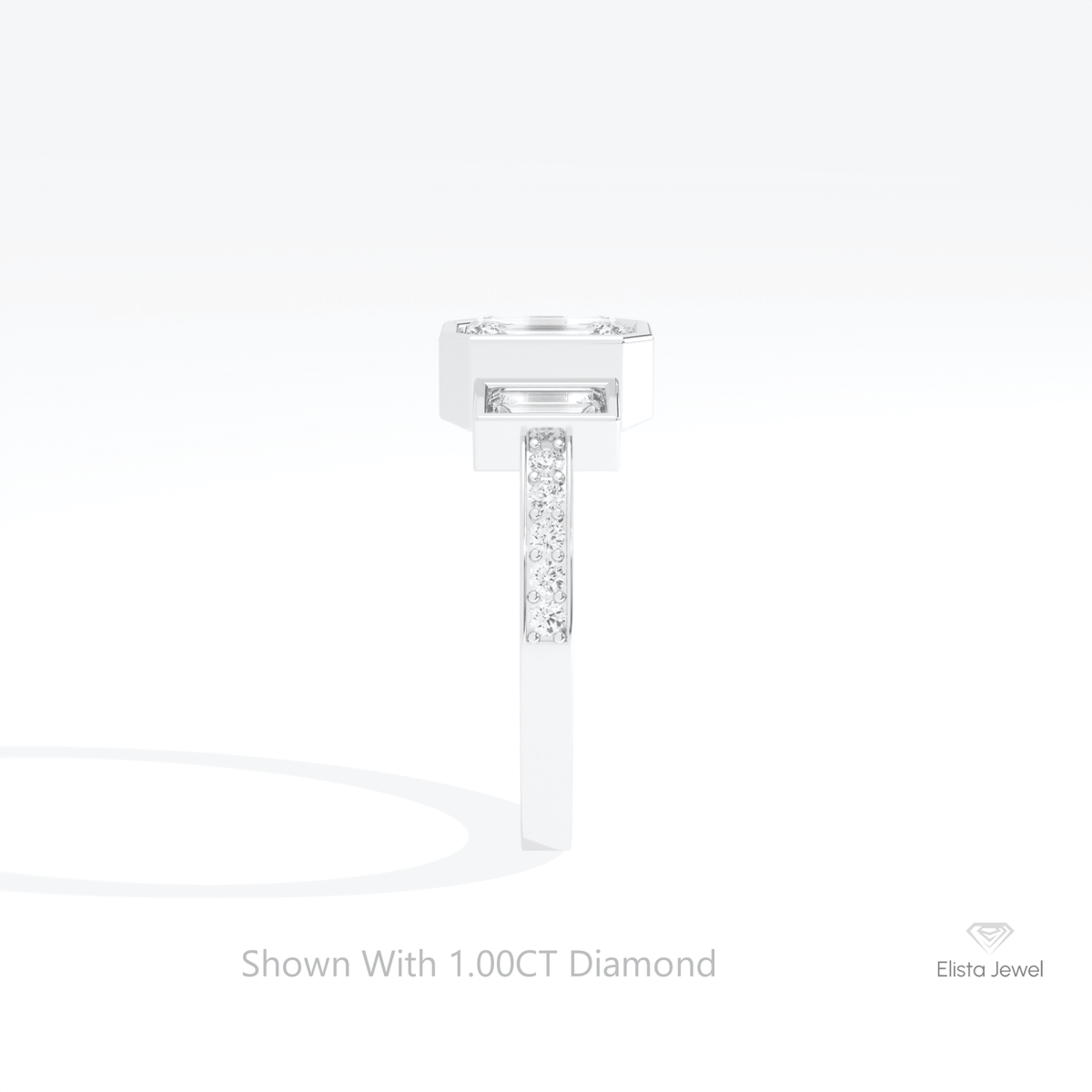 Emerald Cut Three Stone Engagement Lab Grown Diamond Ring in 18K Yellow Gold - Perspective View