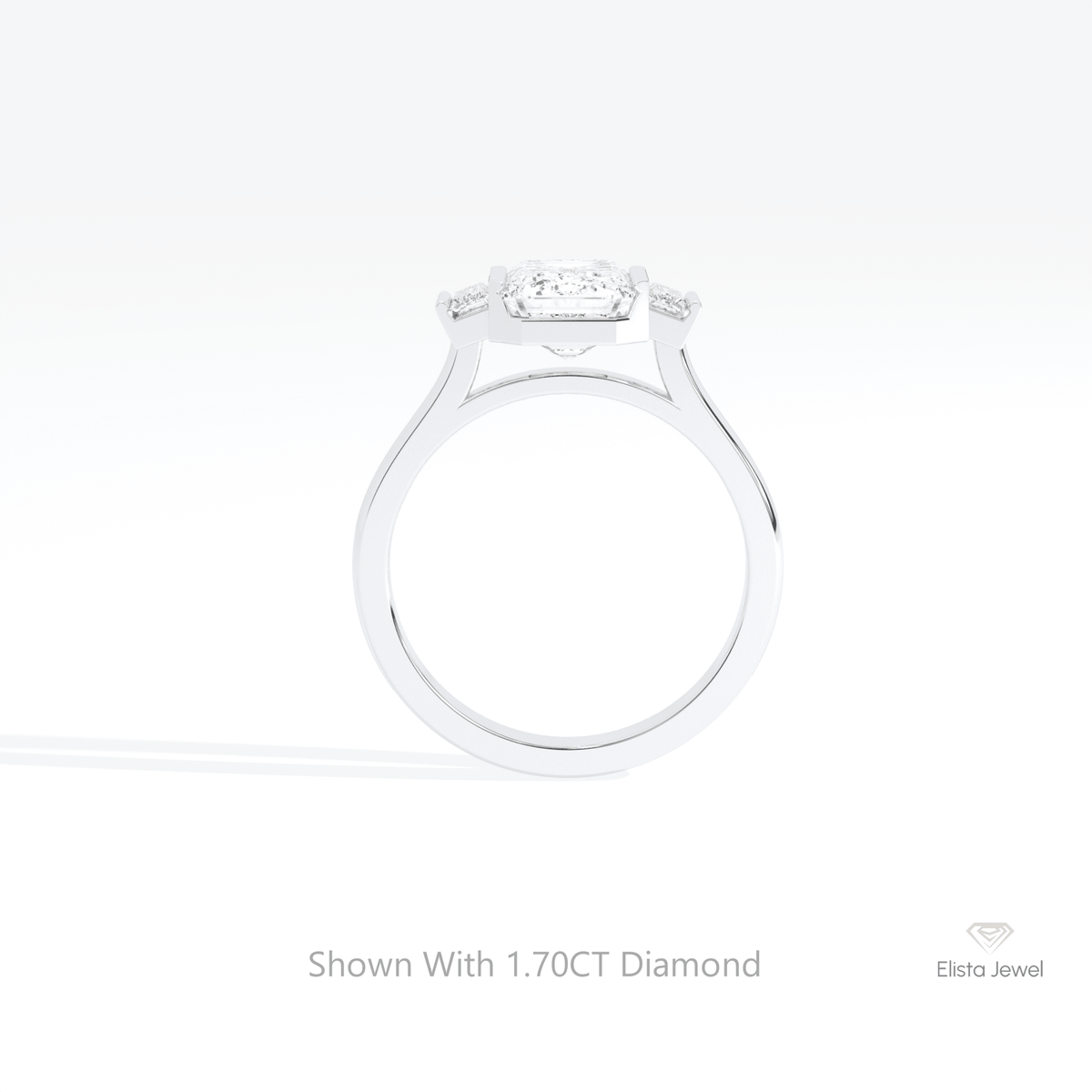 Emerald Cut Three Stone Engagement Lab Grown Diamond Ring in 10K Rose Gold - Angled View