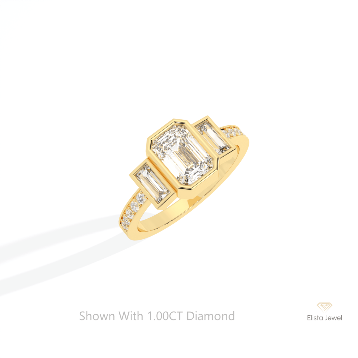 Emerald Cut Three Stone Engagement Lab Grown Diamond Ring in 10K Yellow Gold - Side View