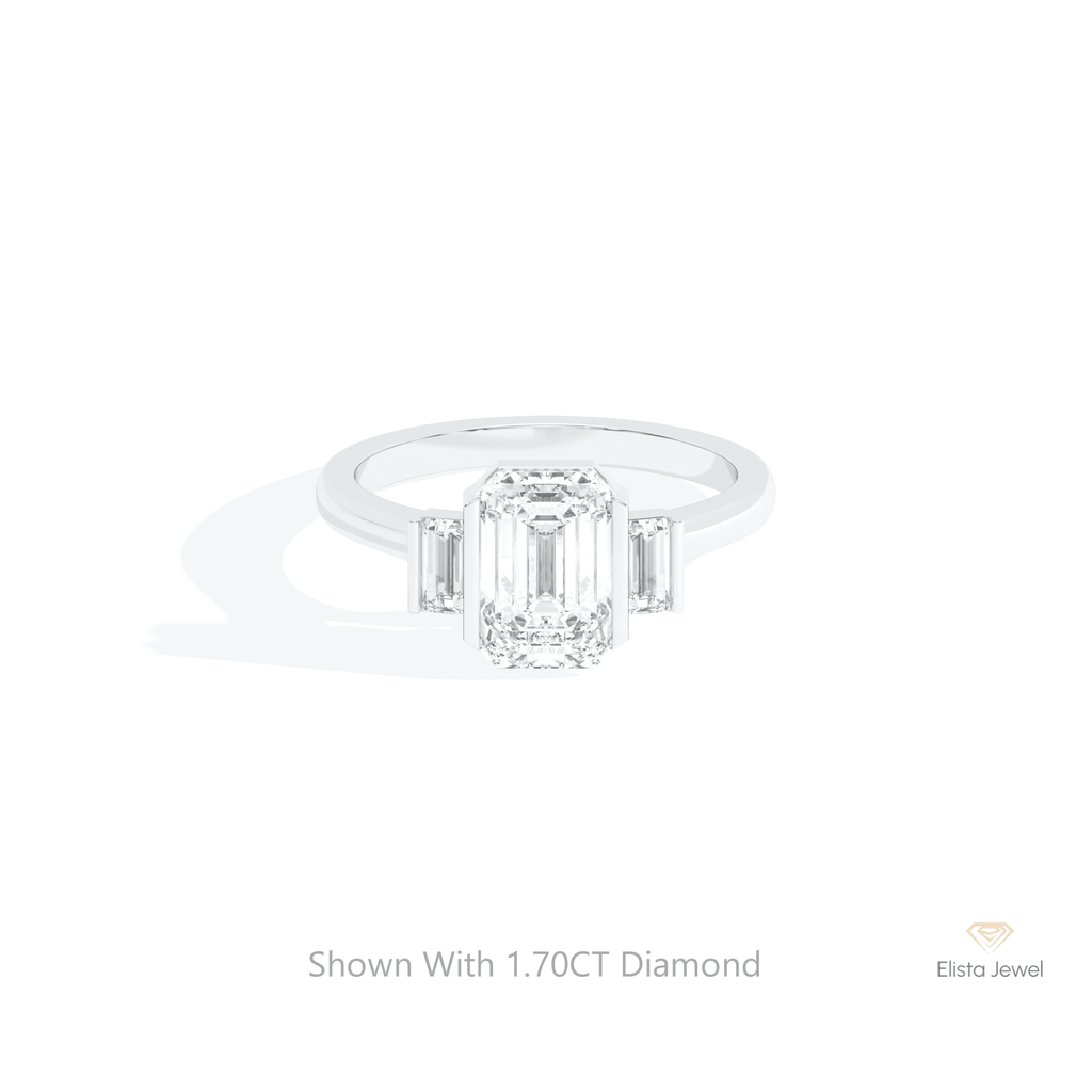 Emerald Cut Three Stone Engagement Lab Grown Diamond Ring in 10K White Gold - Front View