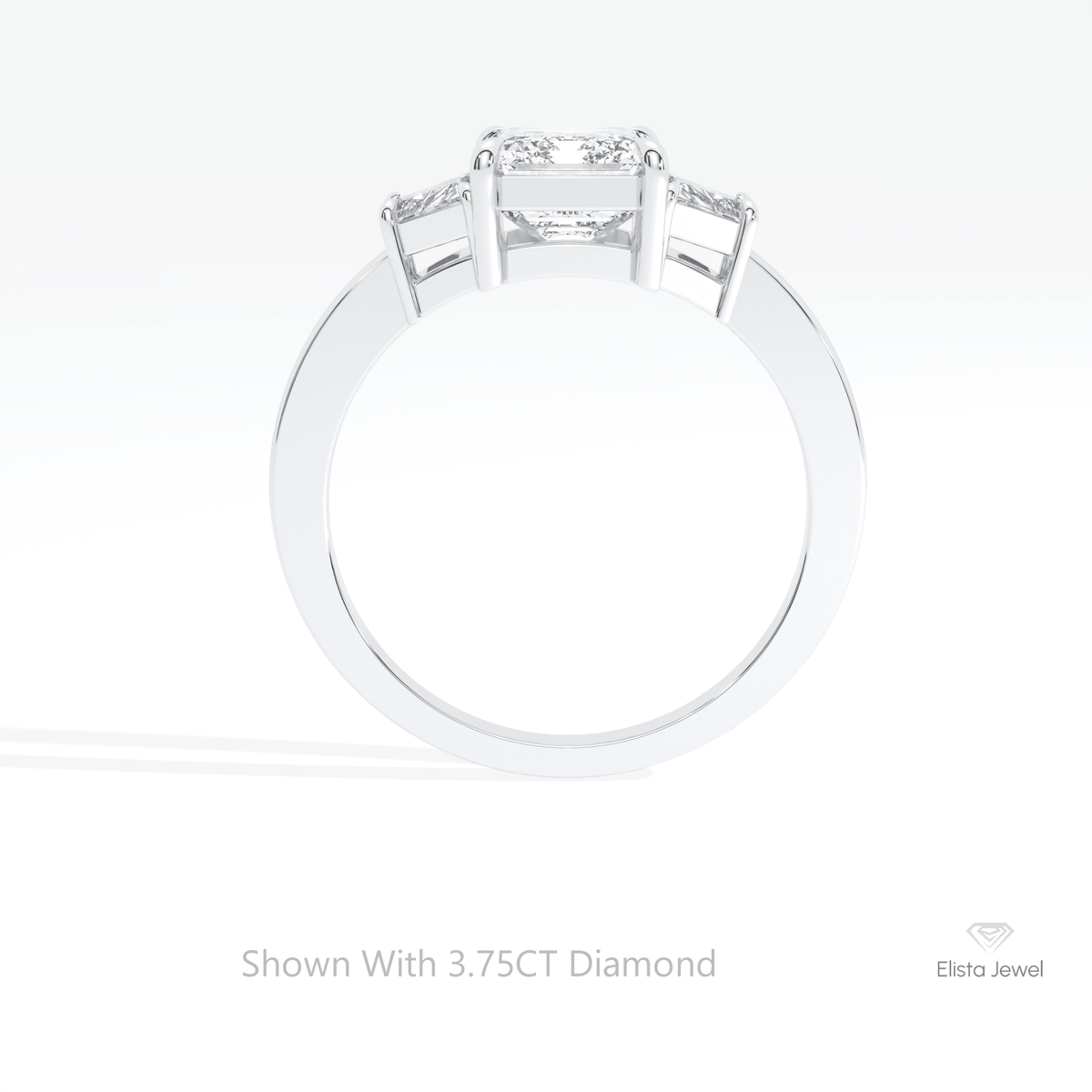Emerald Cut Three Stone Lab Grown Diamond Ring in 18K White Gold - Close-up View