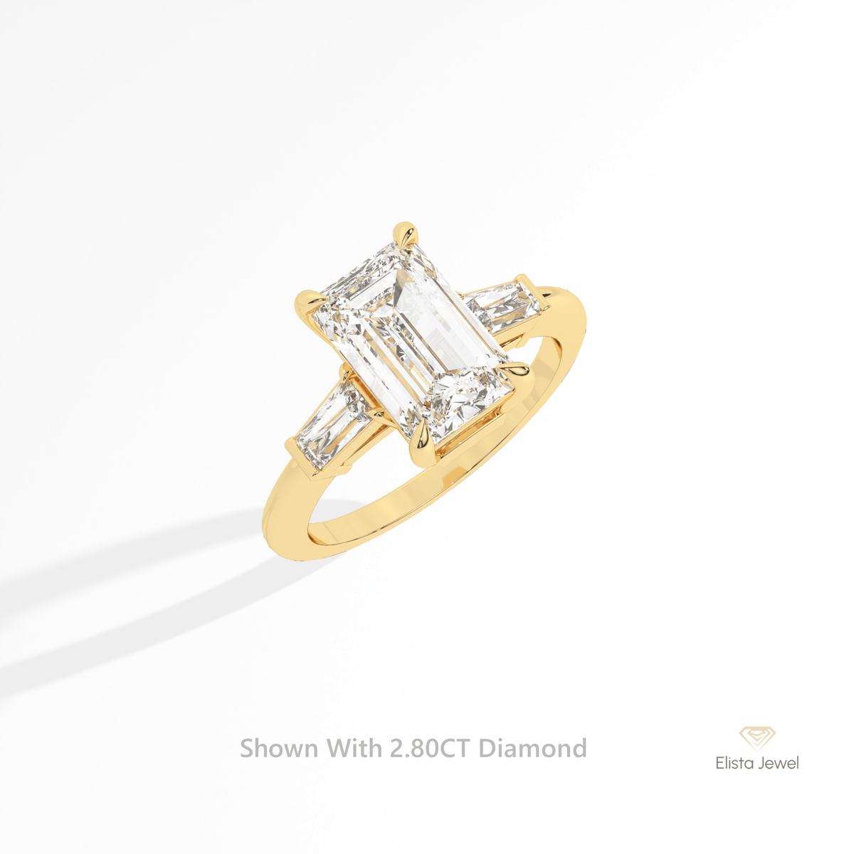 Emerald Cut Three Stone Wedding Lab Grown Diamond Ring in Platinum - Ring on Hand View