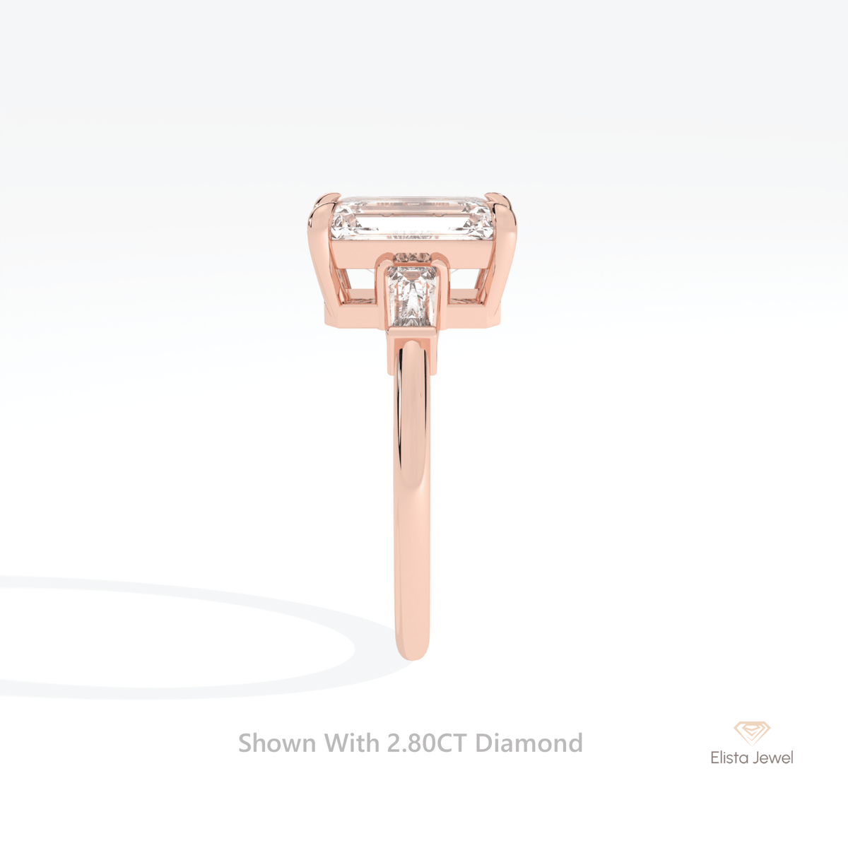 Emerald Cut Three Stone Wedding Lab Grown Diamond Ring in 10K Rose Gold - Angled View