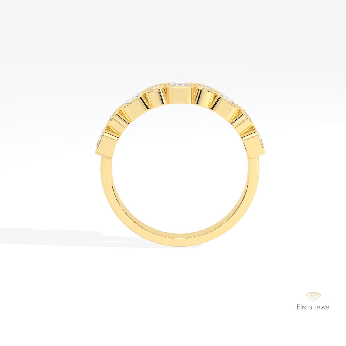 Emerald & Round Cut Full Bezel Wedding Lab Grown Diamond Band in 10K Rose Gold - Angled View