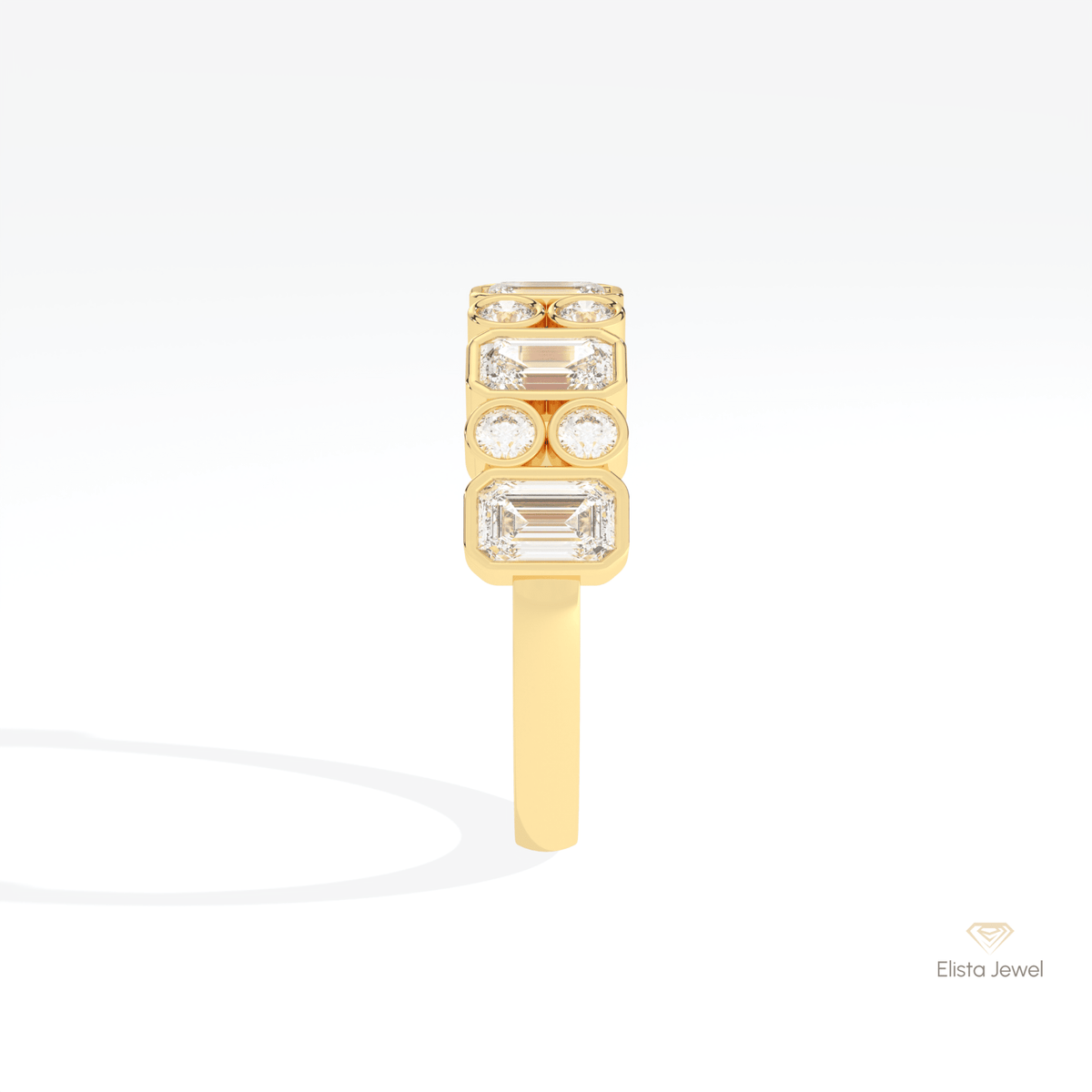 Emerald & Round Cut Full Bezel Wedding Lab Grown Diamond Band in 14K White Gold - Top View
