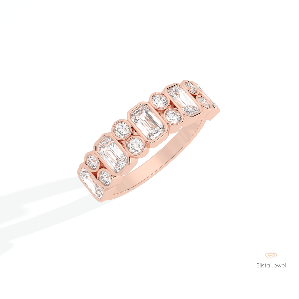 Emerald & Round Cut Full Bezel Wedding Lab Grown Diamond Band in Platinum - Lifestyle View