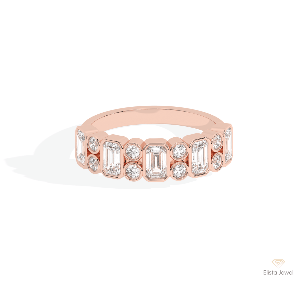 Emerald & Round Cut Full Bezel Wedding Lab Grown Diamond Band in 18K Rose Gold - Ring on Hand View
