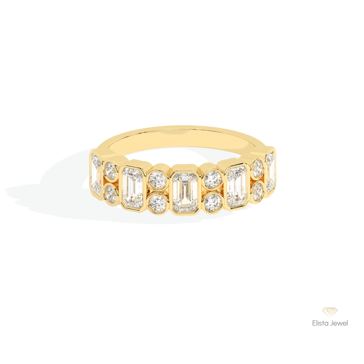 Emerald & Round Cut Full Bezel Wedding Lab Grown Diamond Band in 10K White Gold - Front View